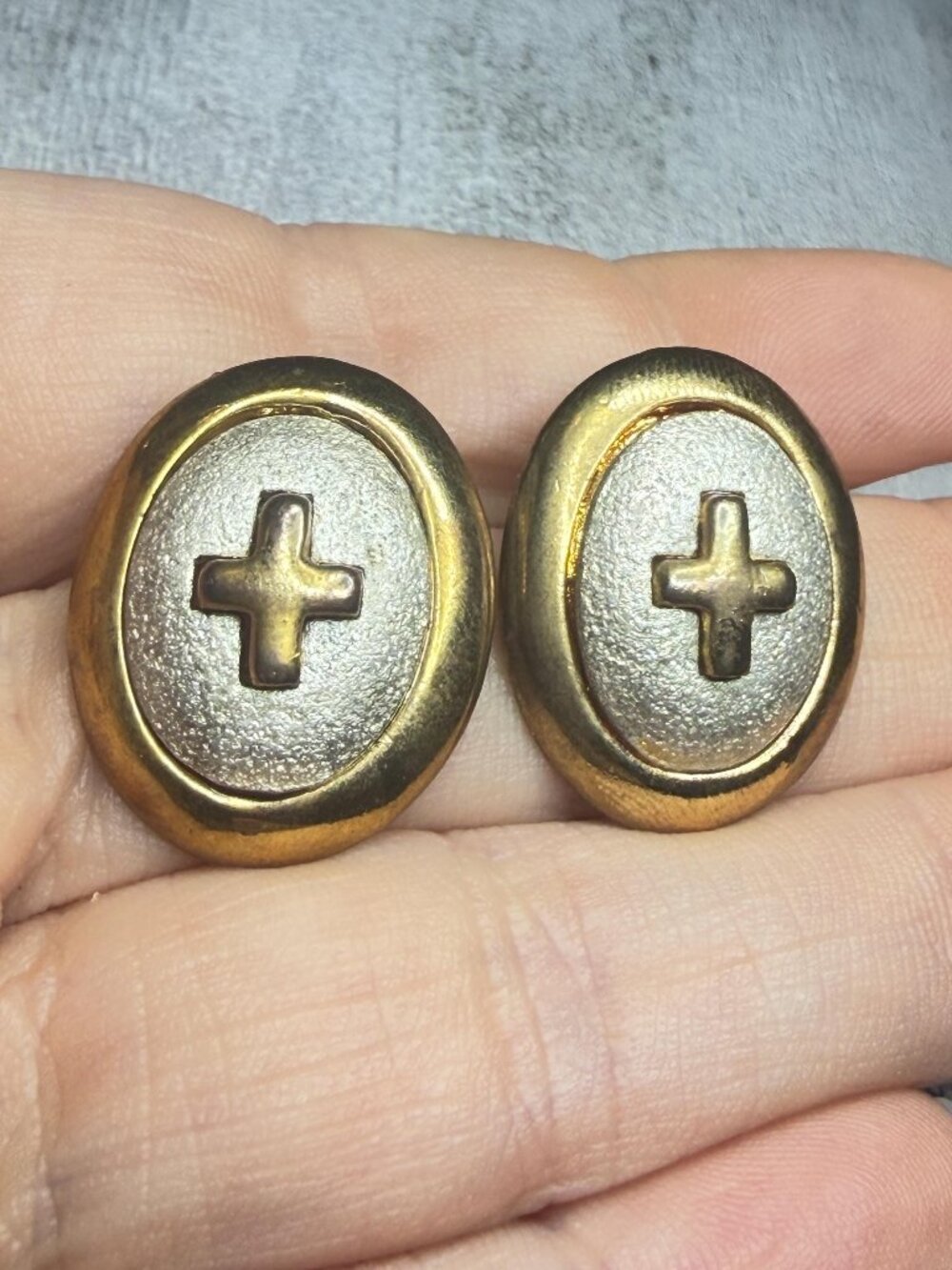 Cross Earrings Two Tone Domed Oval Vintage OOAK